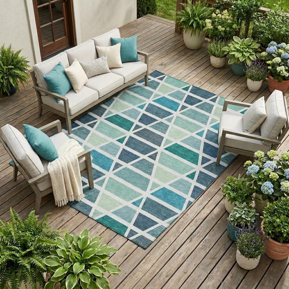 10' X 14' Teal Blue And White Geometric Washable Indoor Outdoor Area Rug — view 5