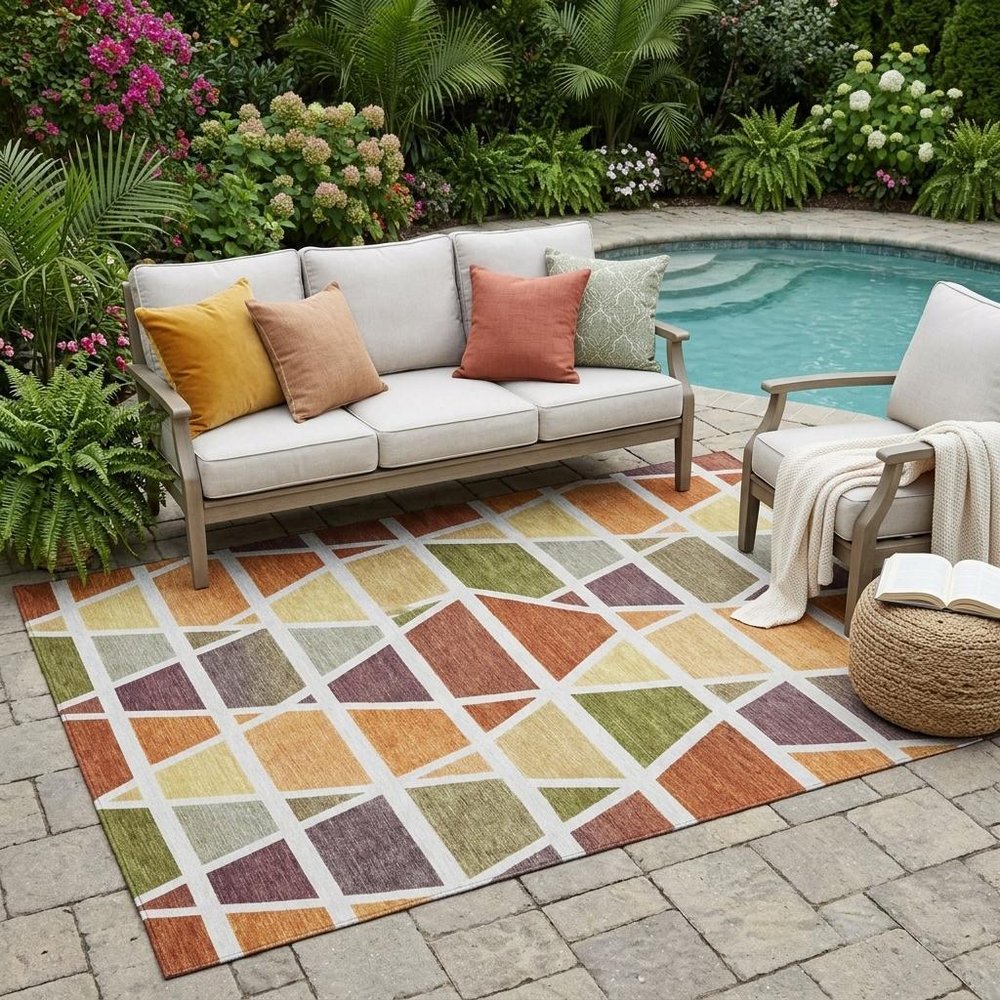5' X 8' Orange And White Geometric Washable Indoor Outdoor Area Rug — view 5