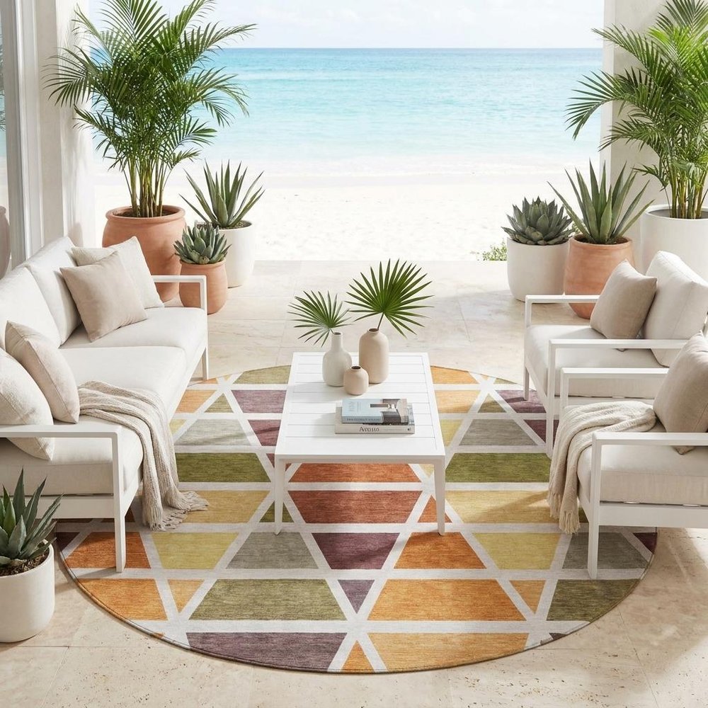 8' Orange And White Round Geometric Washable Indoor Outdoor Area Rug