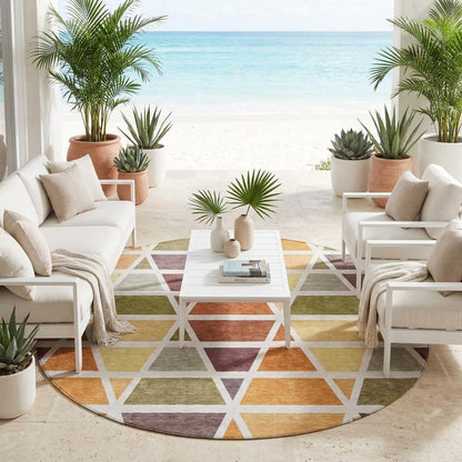 8' Orange And White Round Geometric Washable Indoor Outdoor Area Rug
