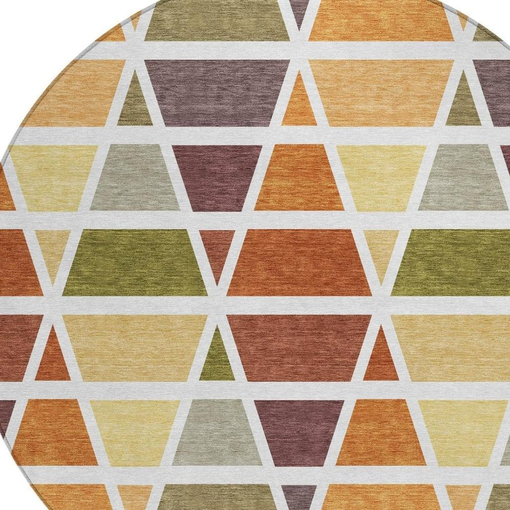 8' Orange And White Round Geometric Washable Indoor Outdoor Area Rug — view 5