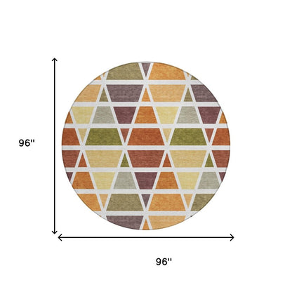 8' Orange And White Round Geometric Washable Indoor Outdoor Area Rug