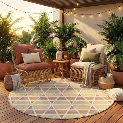 8' Copper And Orange Round Geometric Washable Indoor Outdoor Area Rug HomeRoots