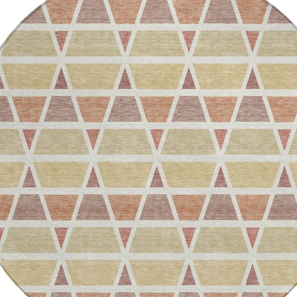 8' Copper And Orange Round Geometric Washable Indoor Outdoor Area Rug