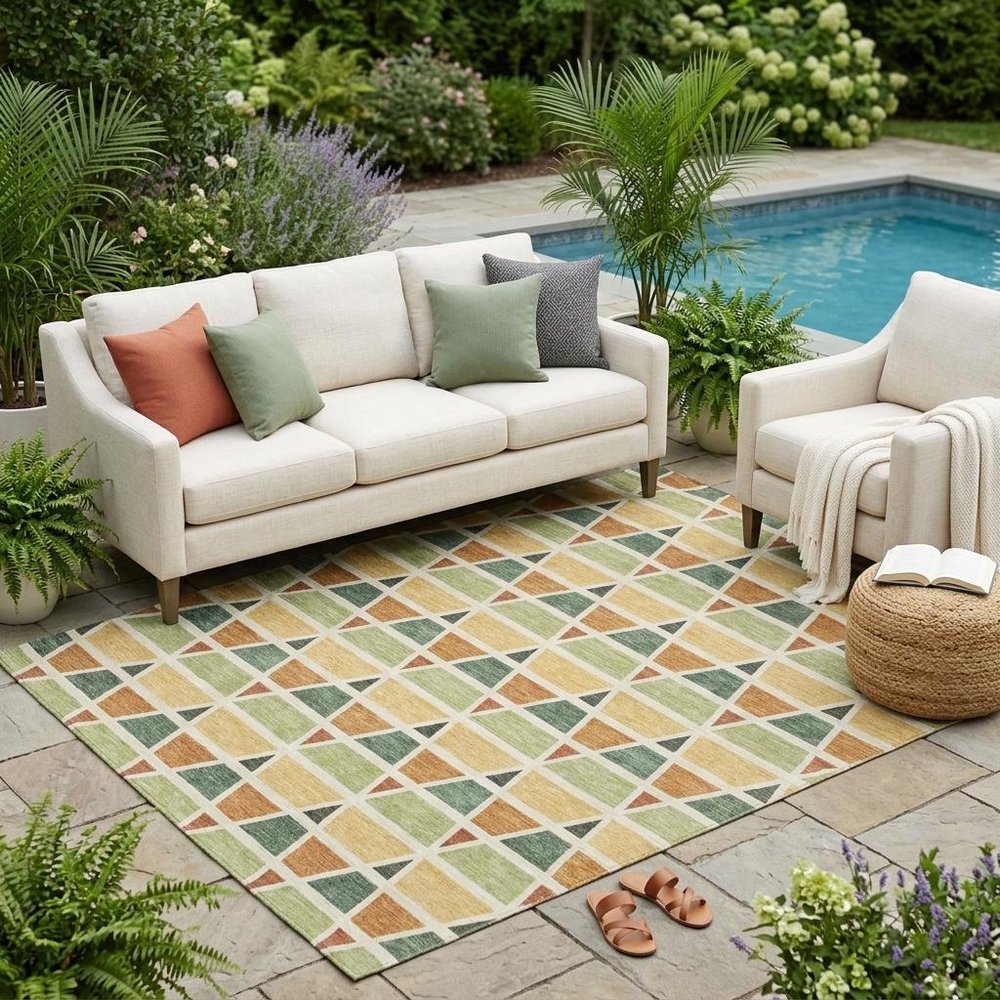 5' X 8' Fern Green And Green Geometric Washable Indoor Outdoor Area Rug HomeRoots