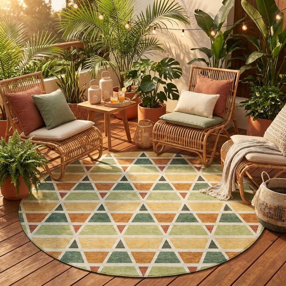 8' Fern Green And Green Round Geometric Washable Indoor Outdoor Area Rug HomeRoots