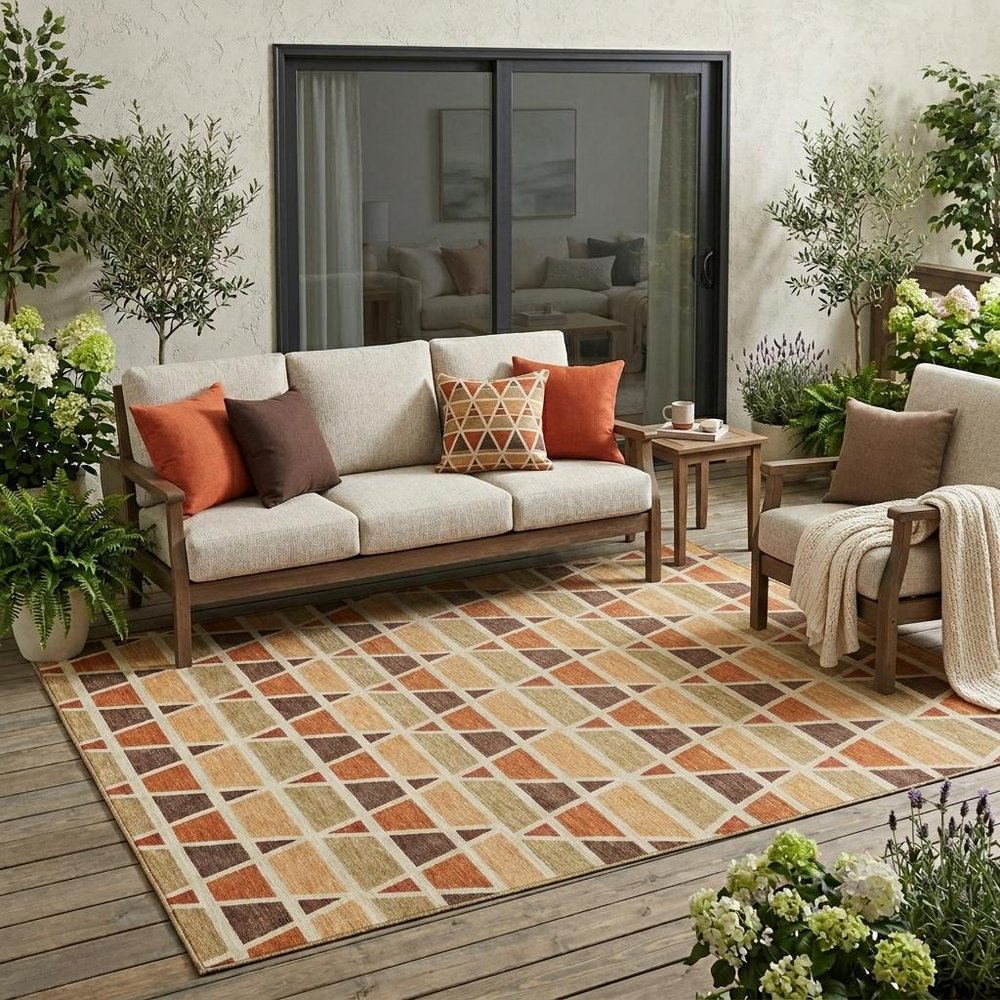 5' X 8' Orange And Cream Geometric Washable Indoor Outdoor Area Rug HomeRoots