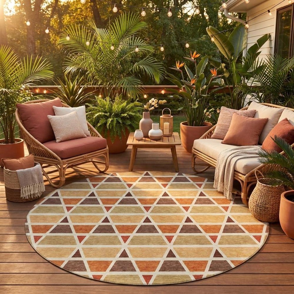 8' Orange And Cream Round Geometric Washable Indoor Outdoor Area Rug HomeRoots