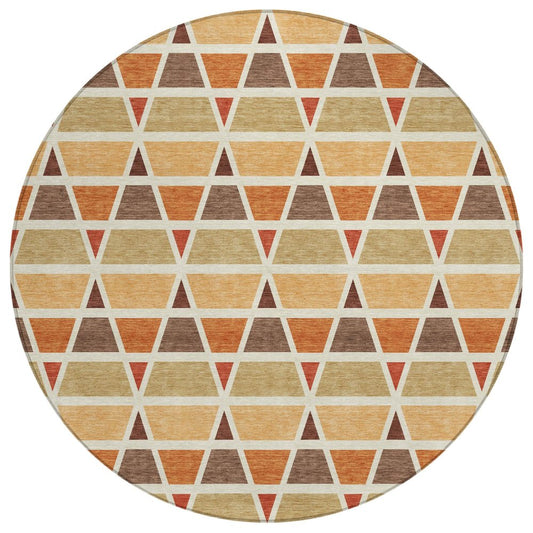 8' Orange And Cream Round Geometric Washable Indoor Outdoor Area Rug