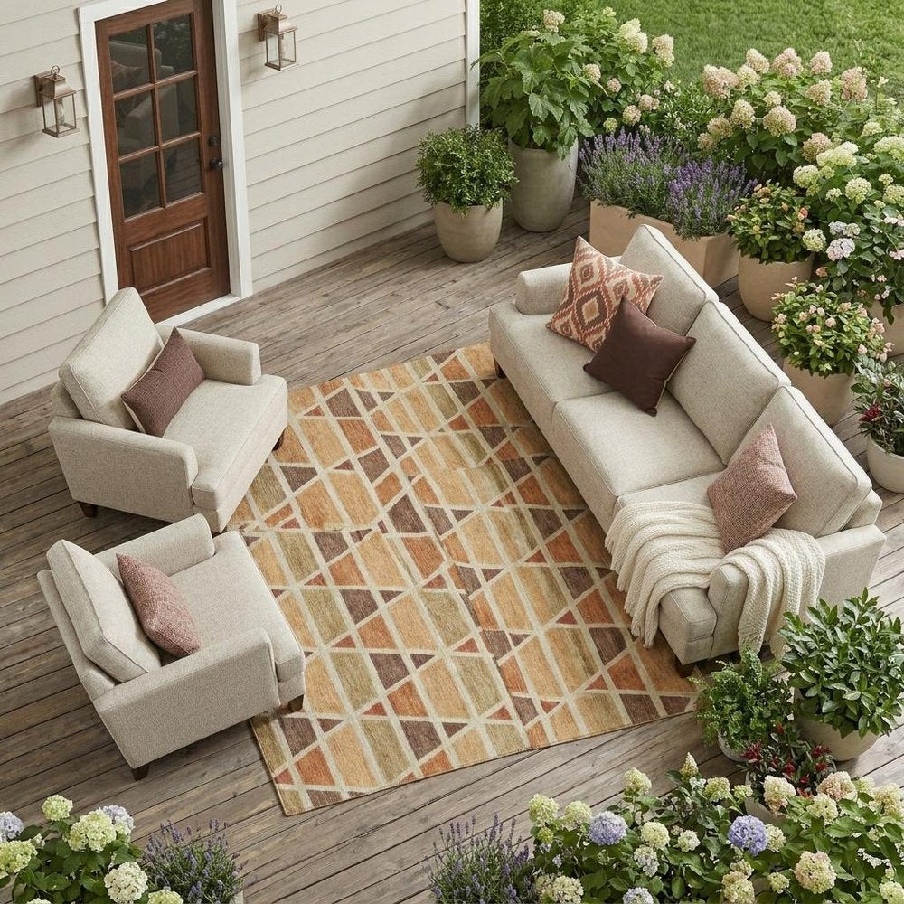 8' X 10' Orange And Cream Geometric Washable Indoor Outdoor Area Rug HomeRoots