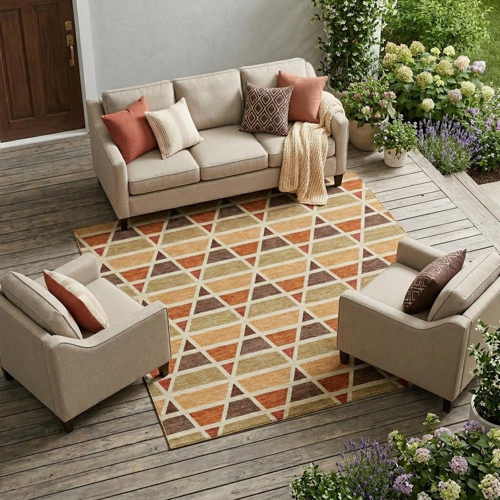 10' X 14' Orange And Cream Geometric Washable Indoor Outdoor Area Rug HomeRoots