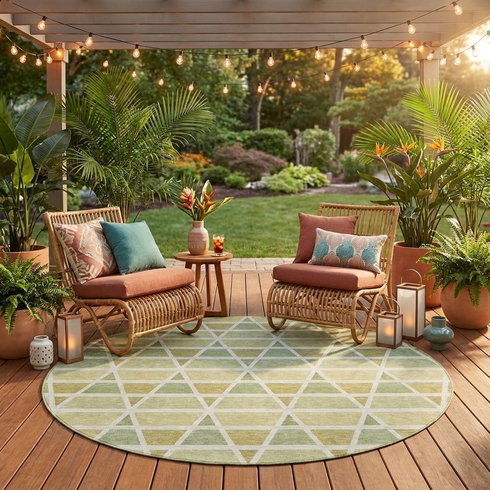 8' Sage And Green Round Geometric Washable Indoor Outdoor Area Rug HomeRoots