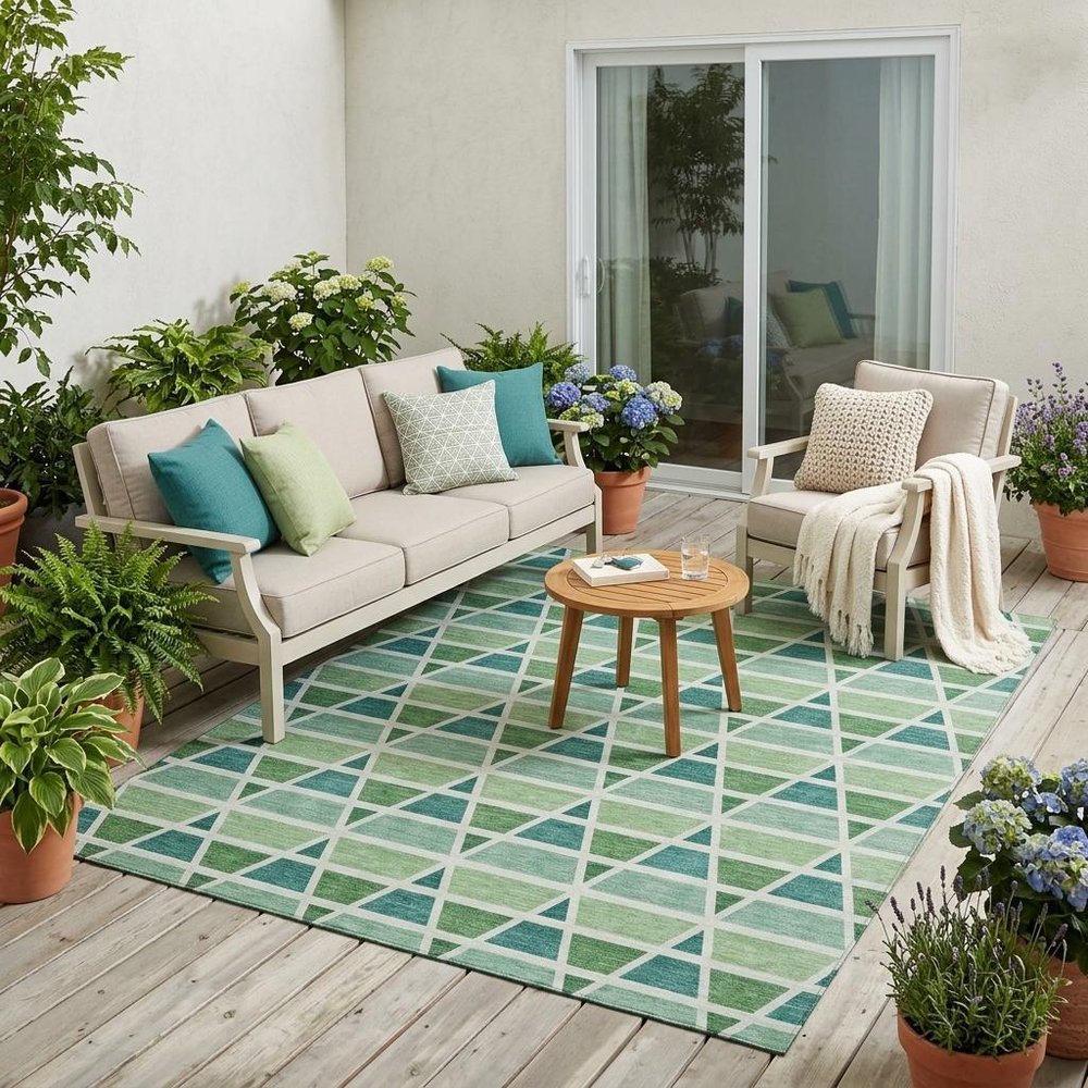 5' X 8' Teal Blue And Green Geometric Washable Indoor Outdoor Area Rug HomeRoots