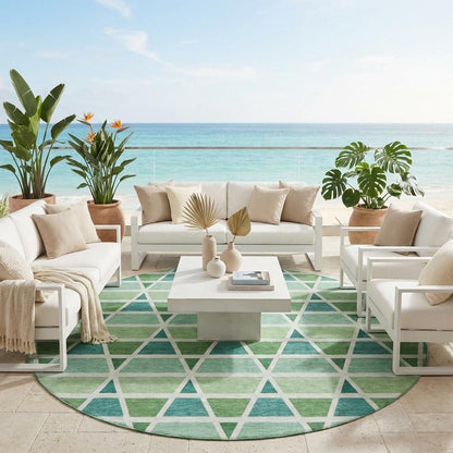 8' Teal Blue And Green Round Geometric Washable Indoor Outdoor Area Rug HomeRoots
