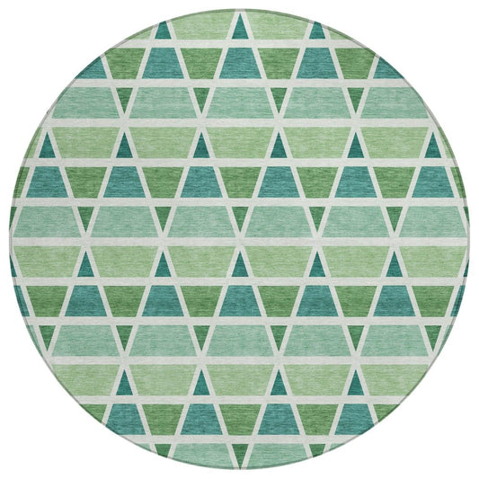 8' Teal Blue And Green Round Geometric Washable Indoor Outdoor Area Rug
