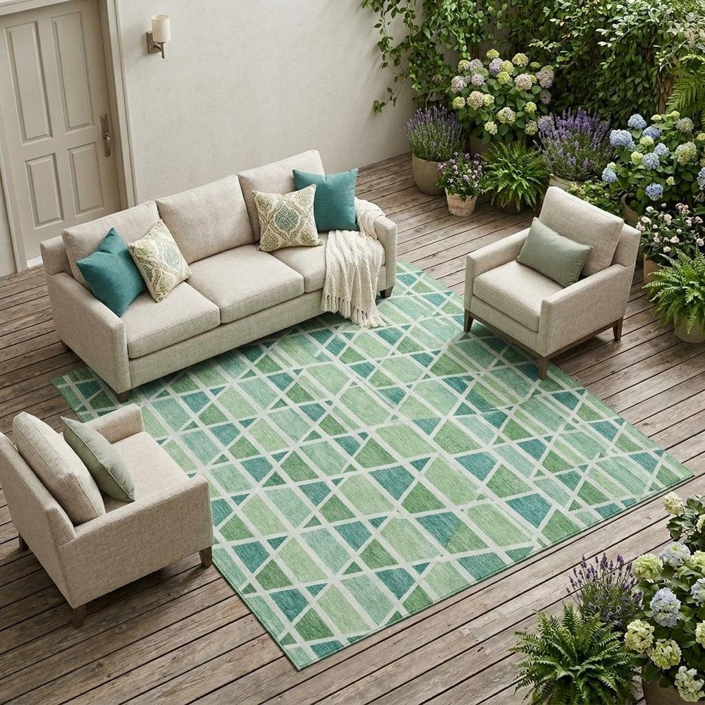 9' X 12' Teal Blue And Green Geometric Washable Indoor Outdoor Area Rug HomeRoots