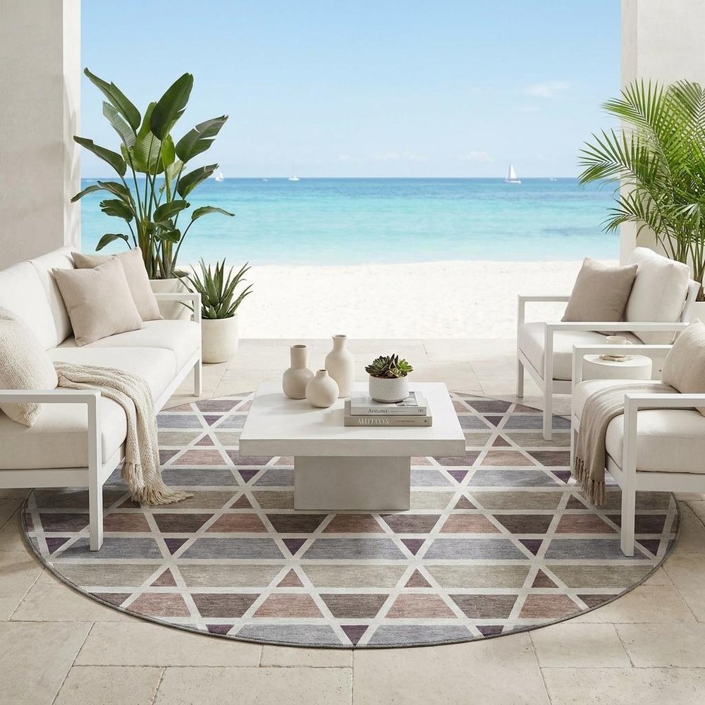 8' Taupe And Brown Round Geometric Washable Indoor Outdoor Area Rug HomeRoots