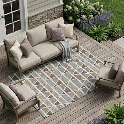 8' X 10' Taupe And Brown Geometric Washable Indoor Outdoor Area Rug
