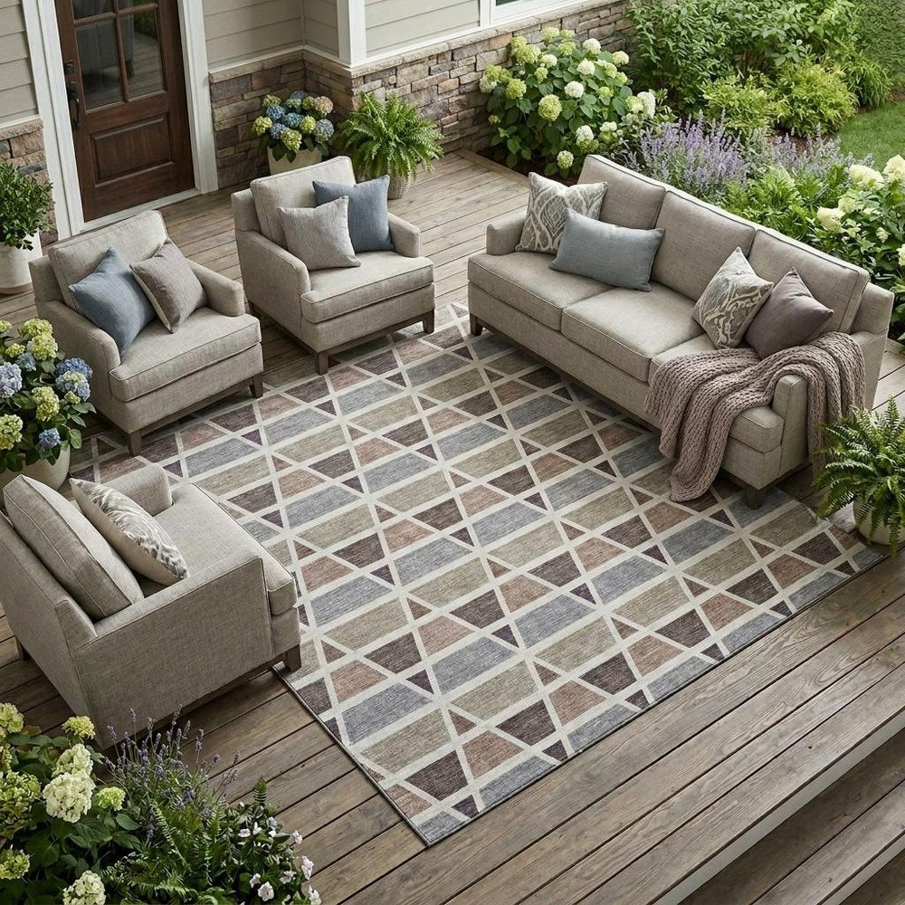 9' X 12' Taupe And Brown Geometric Washable Indoor Outdoor Area Rug HomeRoots