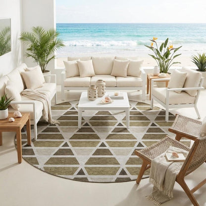 8' Brown And Pewter Round Geometric Washable Indoor Outdoor Area Rug HomeRoots