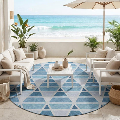 8' Blue And Silver Round Geometric Washable Indoor Outdoor Area Rug HomeRoots
