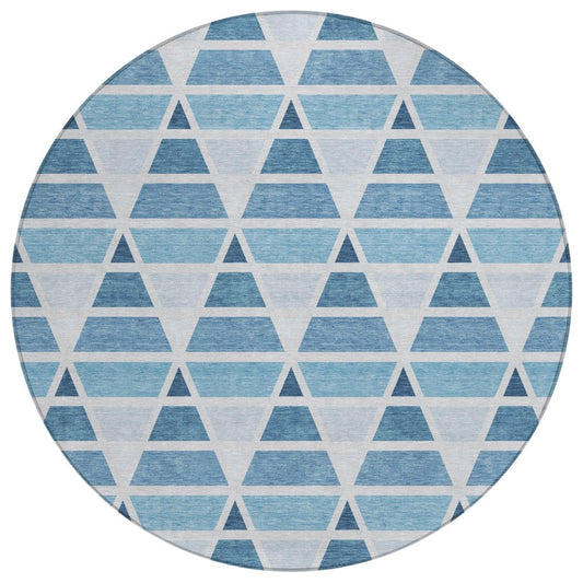 8' Blue And Silver Round Geometric Washable Indoor Outdoor Area Rug
