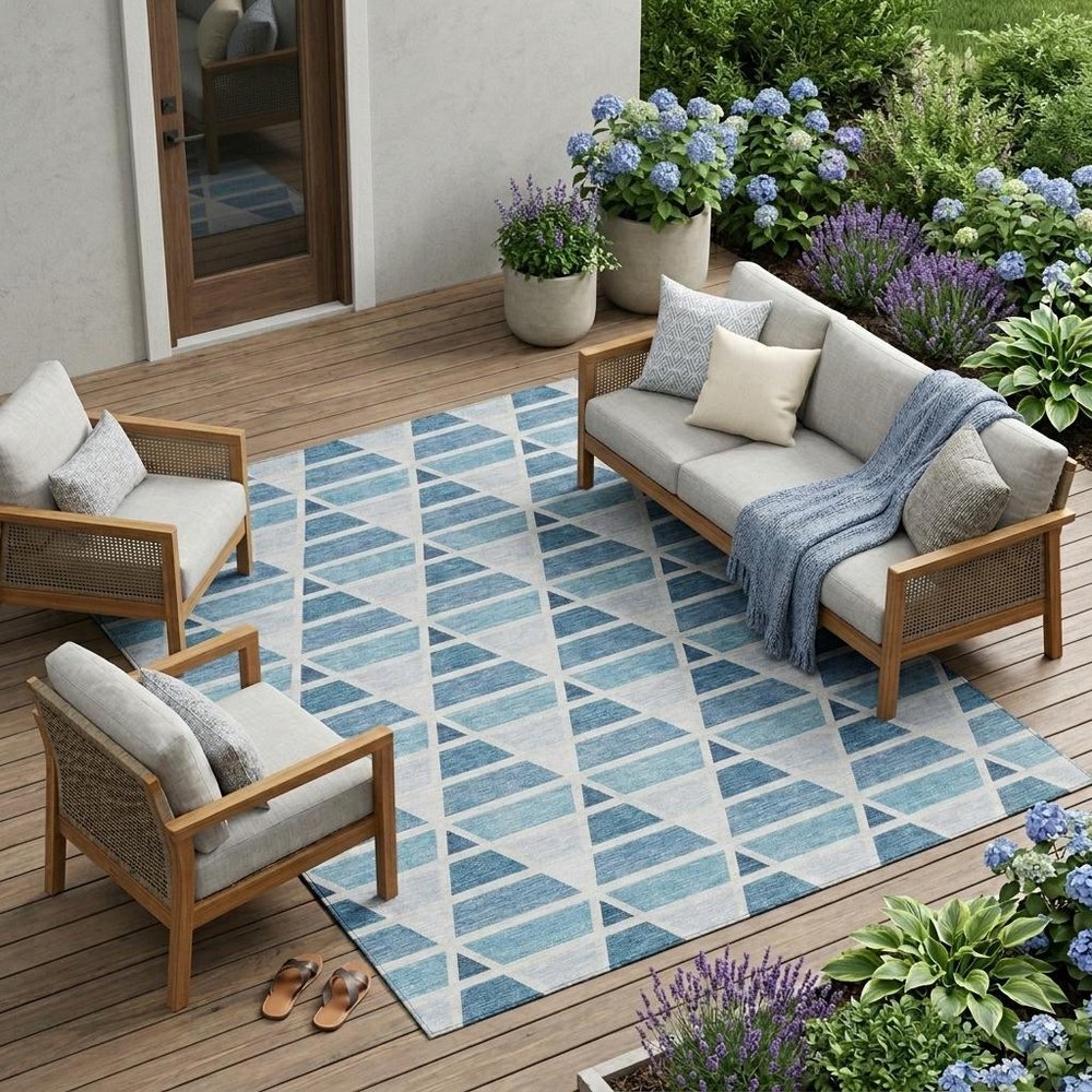 10' X 14' Blue And Silver Geometric Washable Indoor Outdoor Area Rug HomeRoots