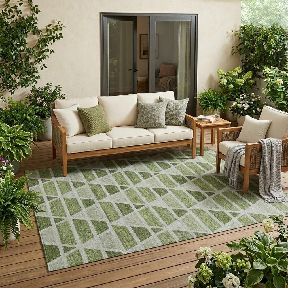5' X 8' Fern Green And Green Geometric Washable Indoor Outdoor Area Rug HomeRoots