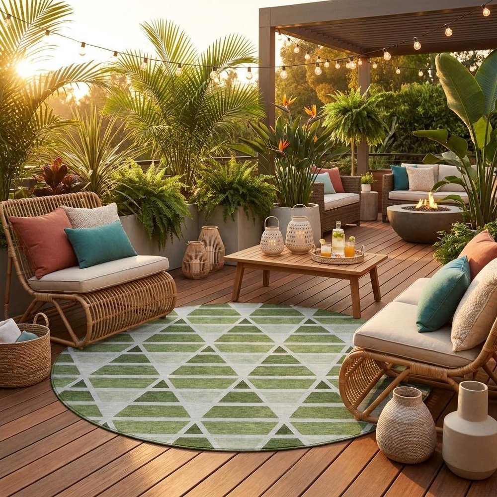 8' Fern Green And Green Round Geometric Washable Indoor Outdoor Area Rug HomeRoots