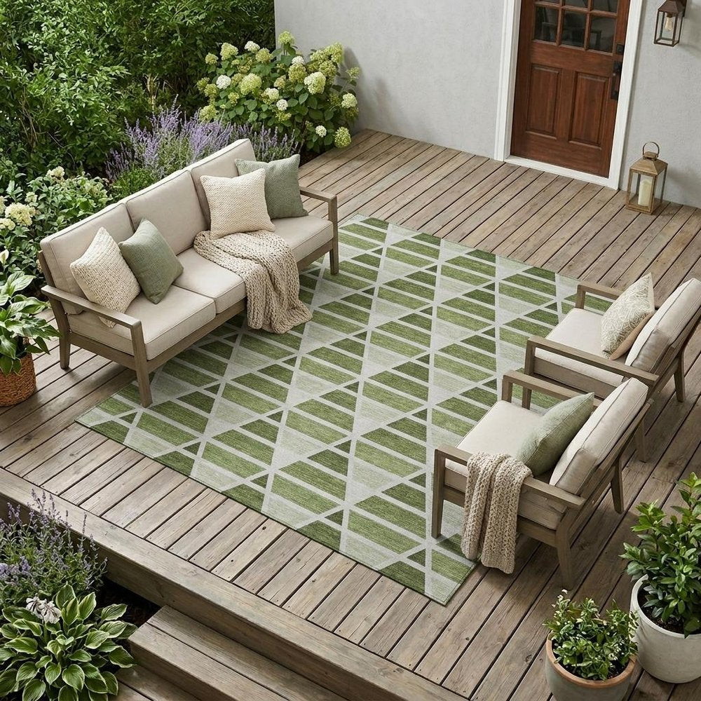 8' X 10' Fern Green And Green Geometric Washable Indoor Outdoor Area Rug HomeRoots