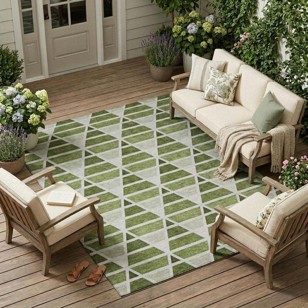 9' X 12' Fern Green And Green Geometric Washable Indoor Outdoor Area Rug HomeRoots