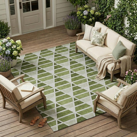9' X 12' Fern Green And Green Geometric Washable Indoor Outdoor Area Rug HomeRoots