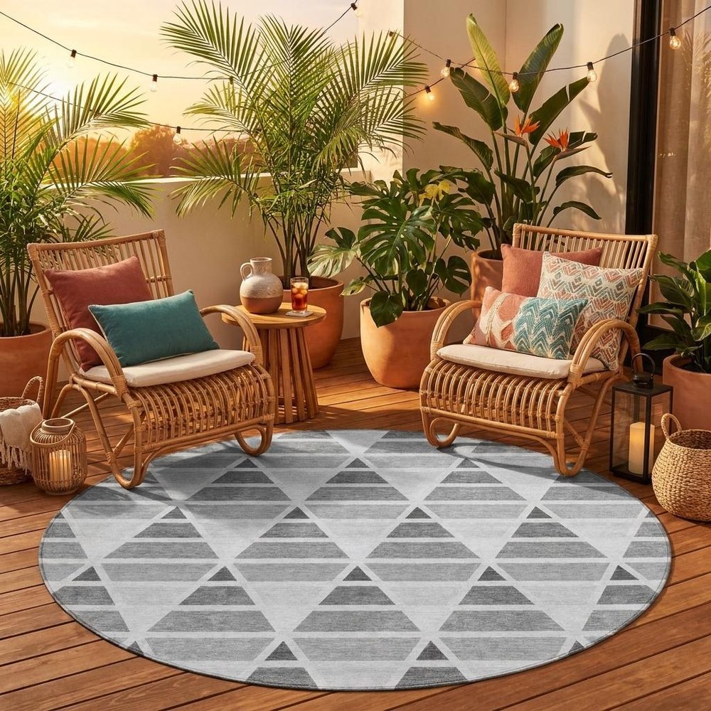 8' Gray And Silver Round Geometric Washable Indoor Outdoor Area Rug HomeRoots