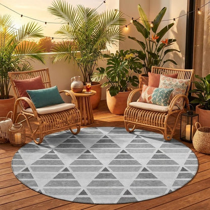 8' Gray And Silver Round Geometric Washable Indoor Outdoor Area Rug HomeRoots