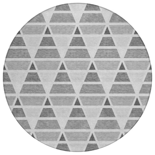 8' Gray And Silver Round Geometric Washable Indoor Outdoor Area Rug