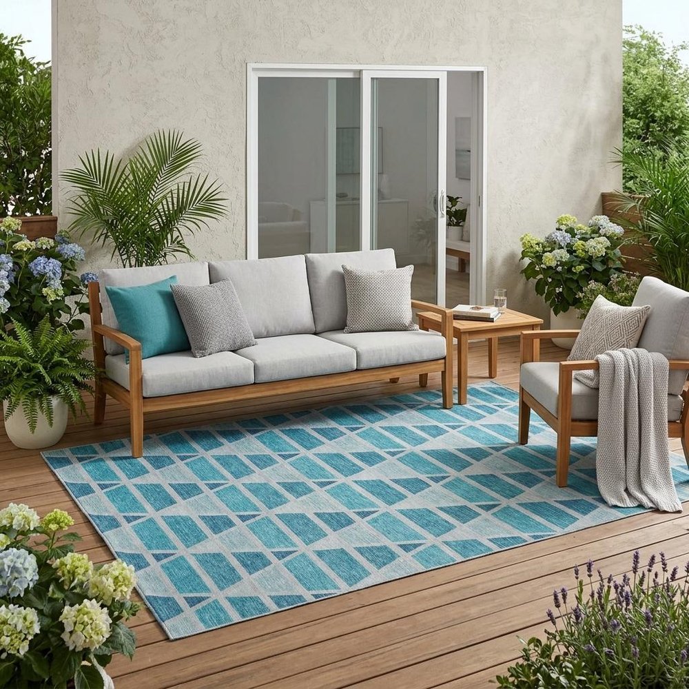 5' X 8' Teal Blue And Turquoise Geometric Washable Indoor Outdoor Area Rug HomeRoots