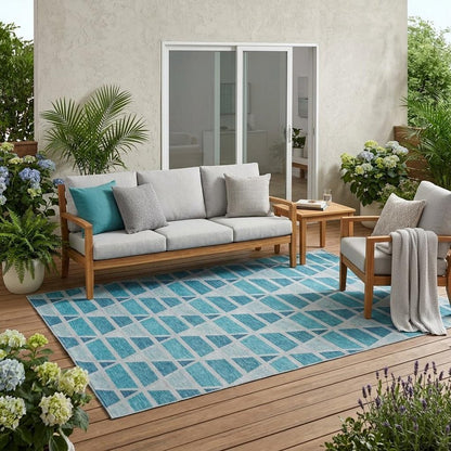 5' X 8' Teal Blue And Turquoise Geometric Washable Indoor Outdoor Area Rug HomeRoots