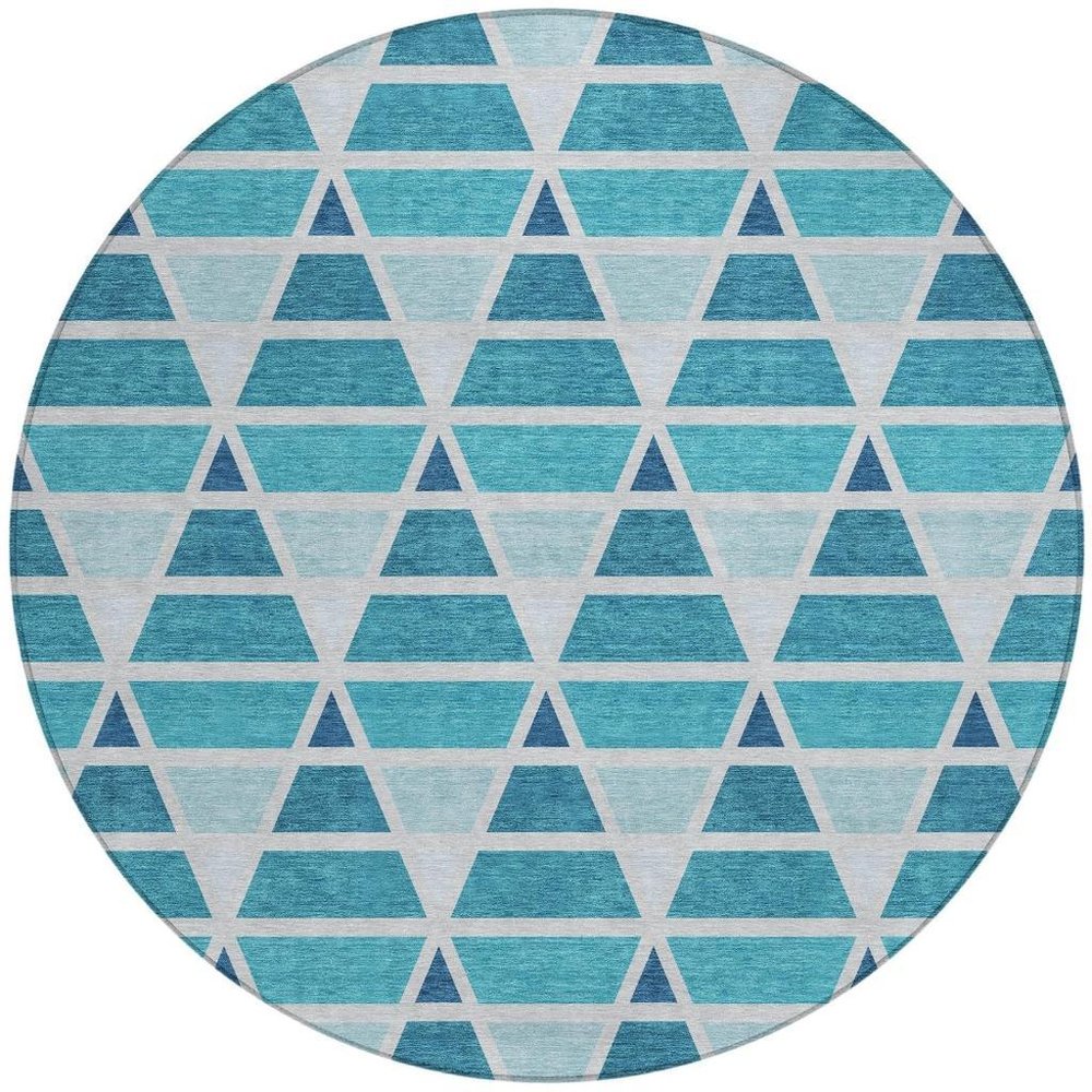 8' Teal Blue And Turquoise Round Geometric Washable Indoor Outdoor Area Rug HomeRoots