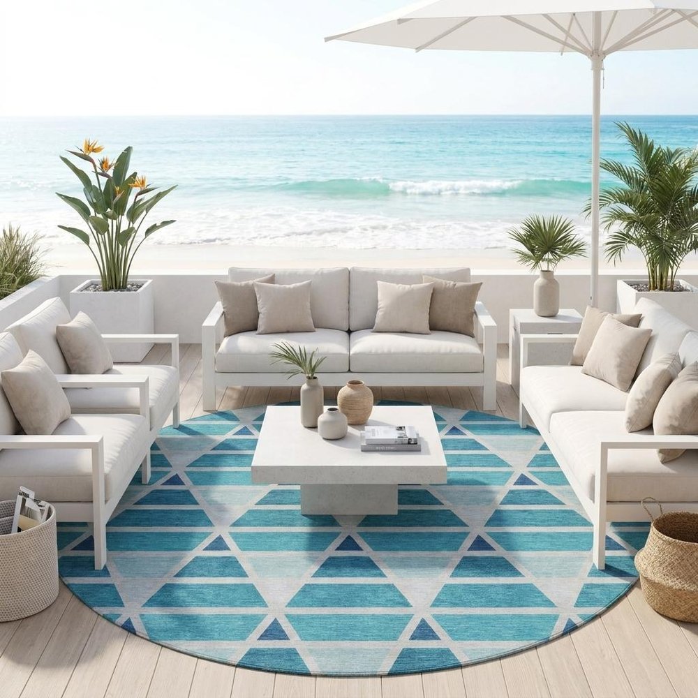 8' Teal Blue And Turquoise Round Geometric Washable Indoor Outdoor Area Rug HomeRoots