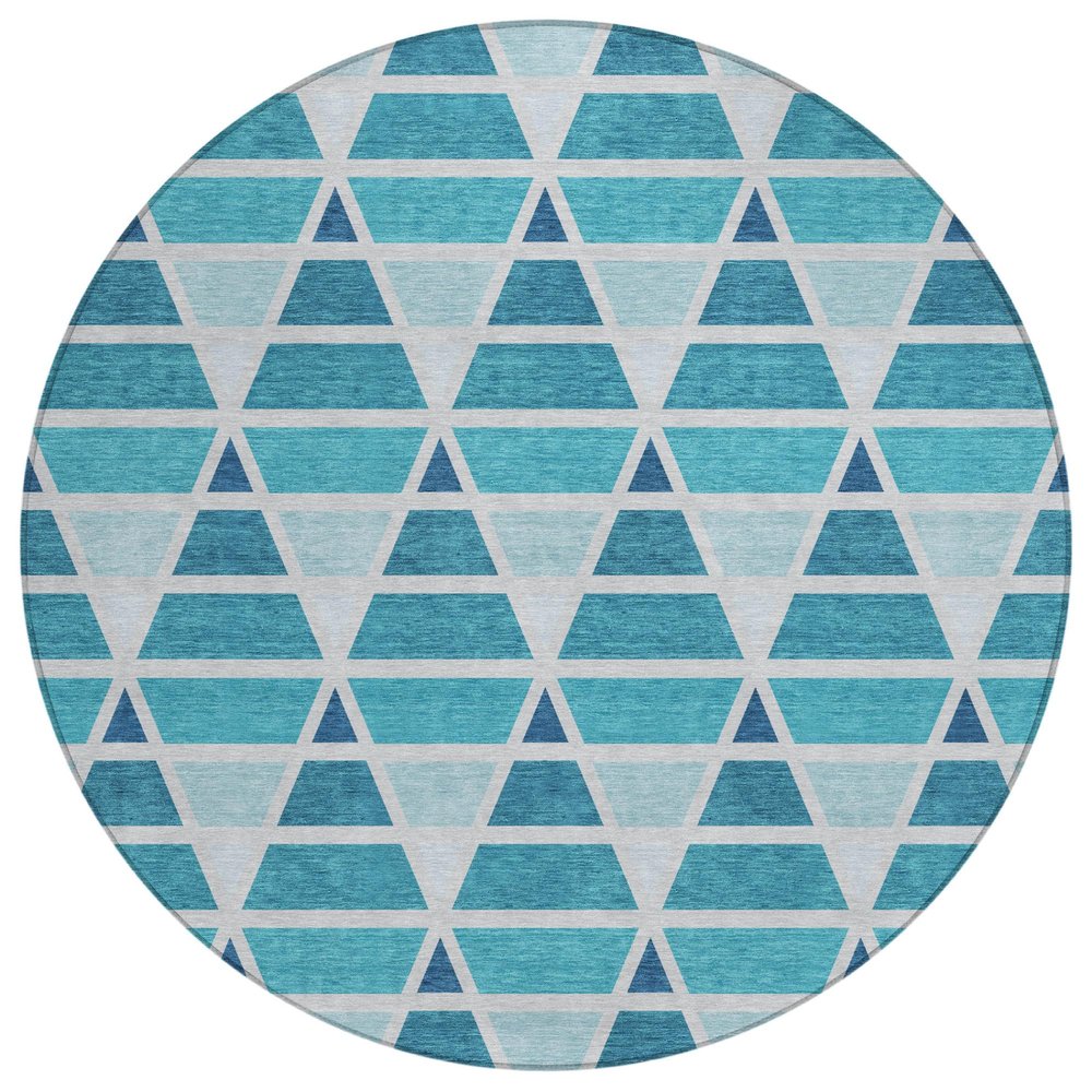 8' Teal Blue And Turquoise Round Geometric Washable Indoor Outdoor Area Rug HomeRoots