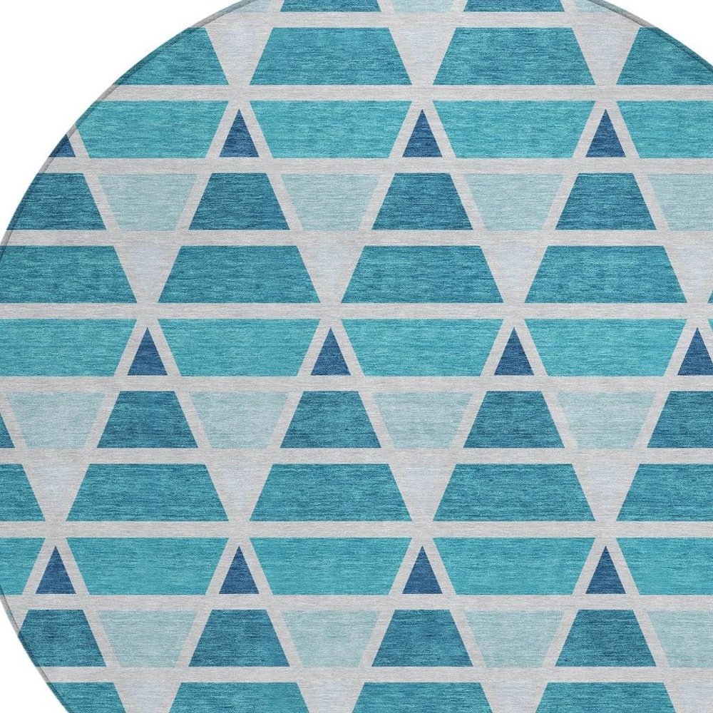 8' Teal Blue And Turquoise Round Geometric Washable Indoor Outdoor Area Rug HomeRoots