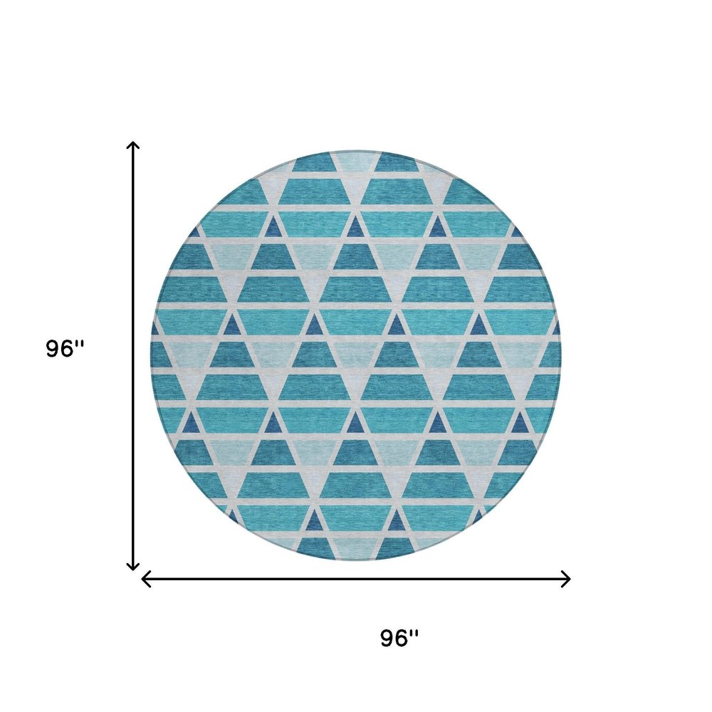 8' Teal Blue And Turquoise Round Geometric Washable Indoor Outdoor Area Rug HomeRoots