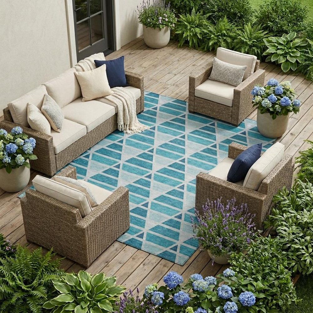 8' X 10' Teal Blue And Turquoise Geometric Washable Indoor Outdoor Area Rug HomeRoots