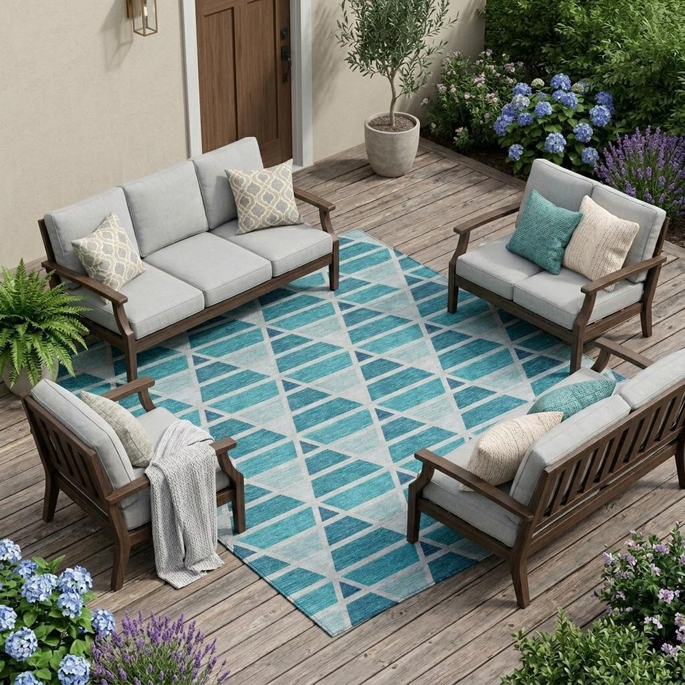 9' X 12' Teal Blue And Turquoise Geometric Washable Indoor Outdoor Area Rug HomeRoots