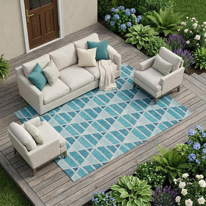 10' X 14' Teal Blue And Turquoise Geometric Washable Indoor Outdoor Area Rug HomeRoots