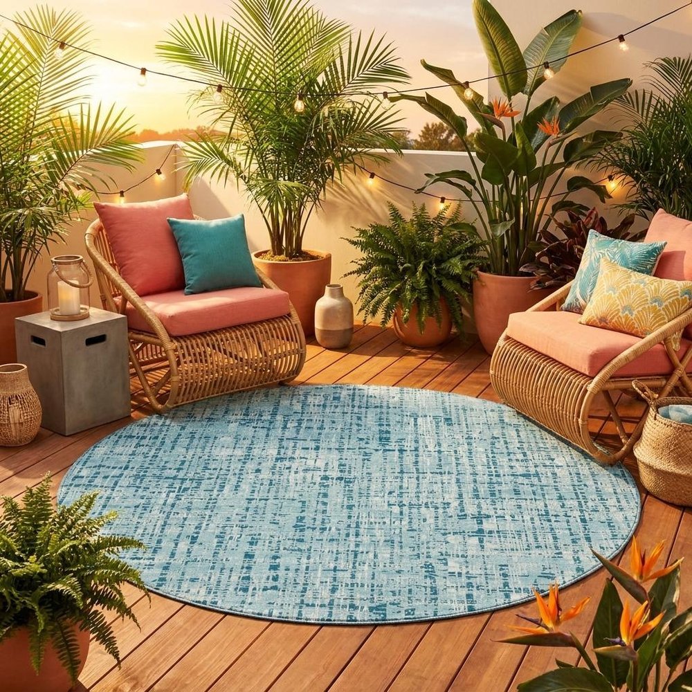 8' Aqua And Teal Blue Round Abstract Washable Indoor Outdoor Area Rug HomeRoots