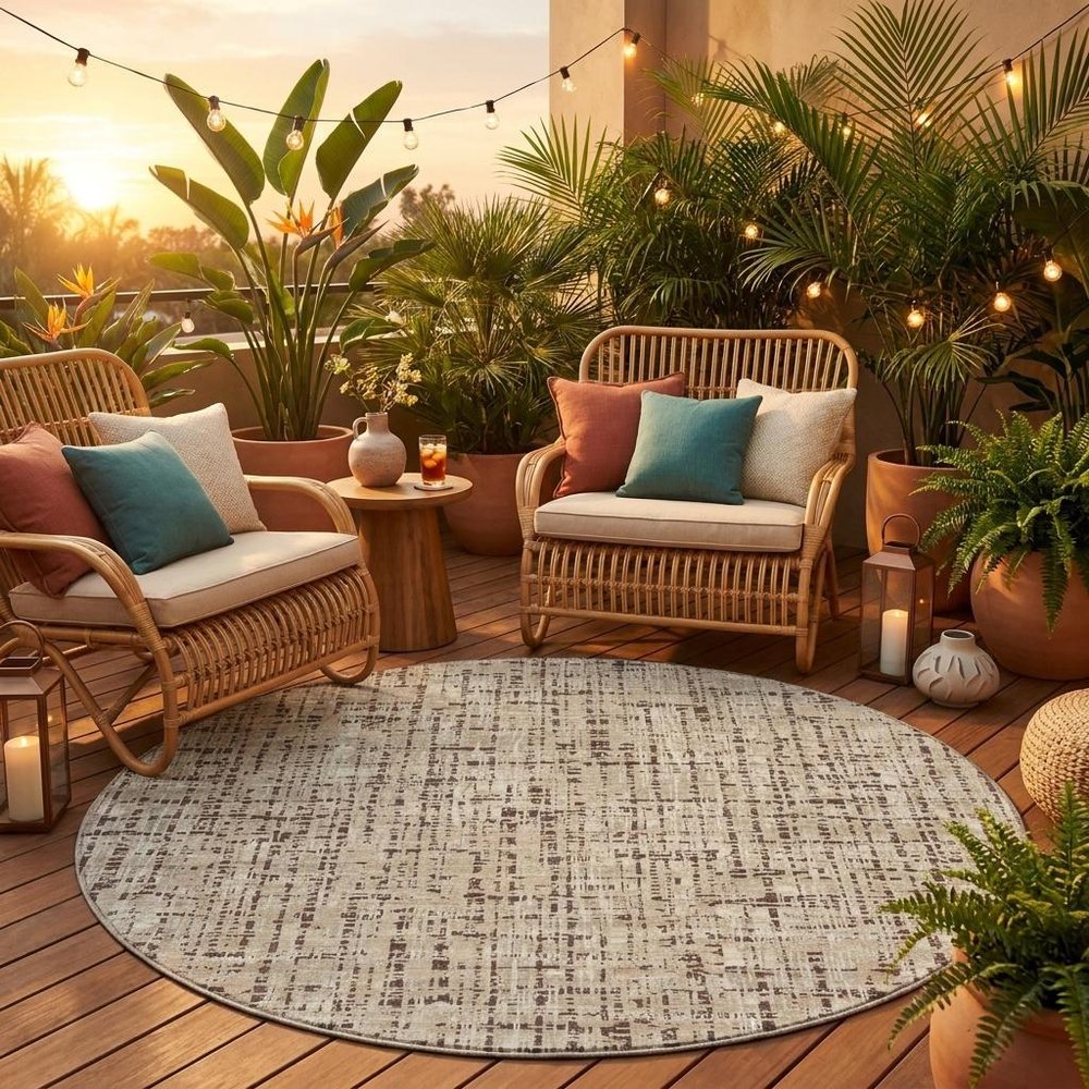 8' Beige And Brown Round Abstract Washable Indoor Outdoor Area Rug HomeRoots