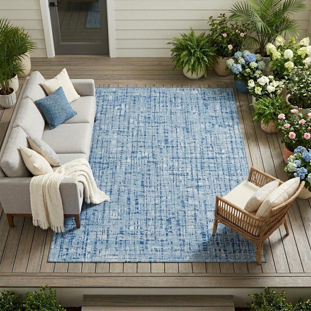 9' X 12' Blue And Denim Blue Abstract Washable Indoor Outdoor Area Rug HomeRoots