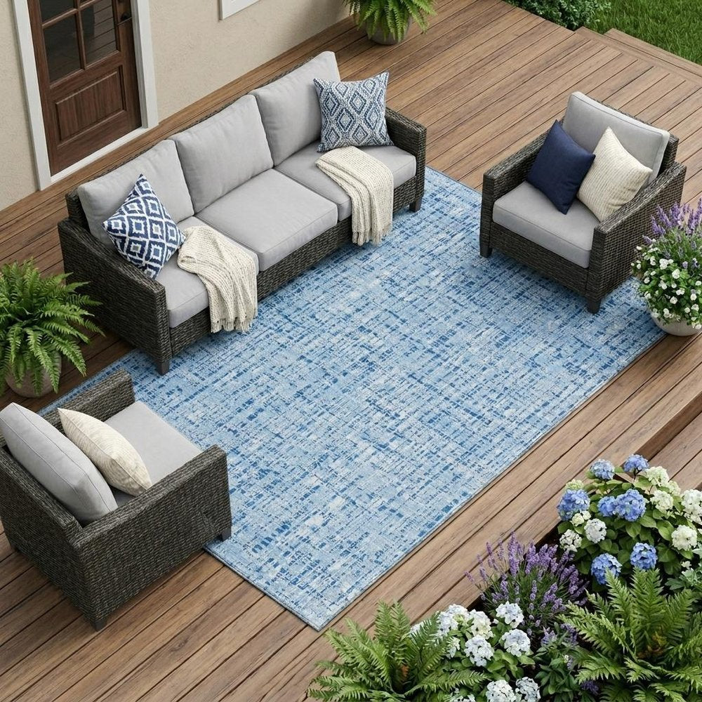 10' X 14' Blue And Denim Blue Abstract Washable Indoor Outdoor Area Rug HomeRoots