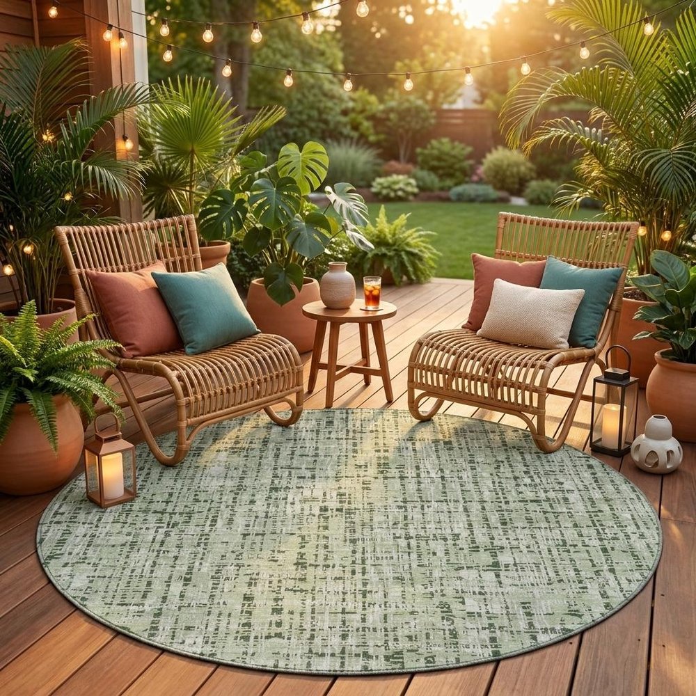 8' Green And Brown Round Abstract Washable Indoor Outdoor Area Rug HomeRoots